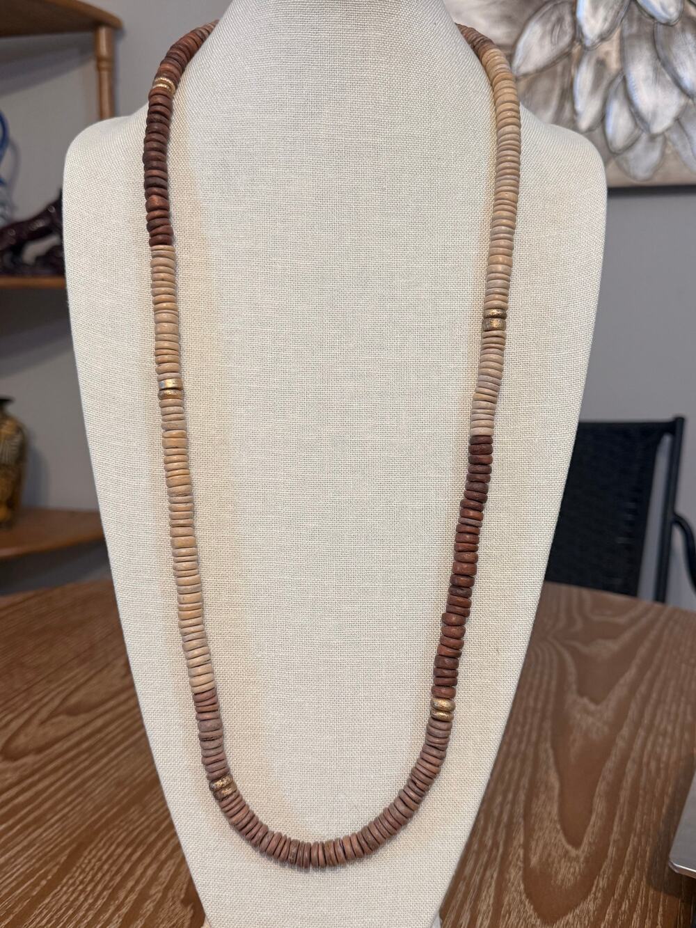 Long Wood Heishi Bead Necklace 35” Boho Natural